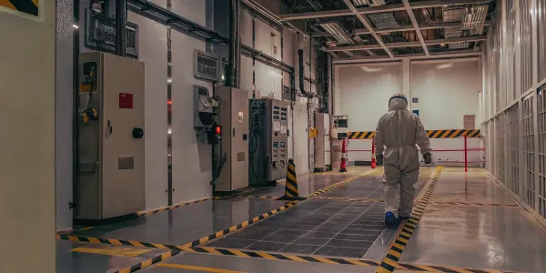 Worker in a facility with equipment meeting ATEX Zone 2 safety requirements.