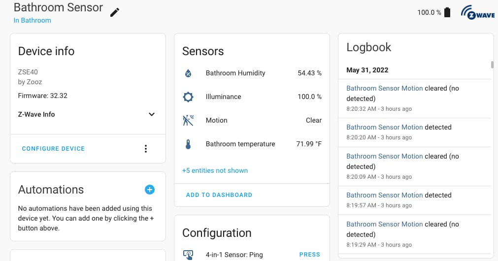 Screenshot of the device page showing logbook