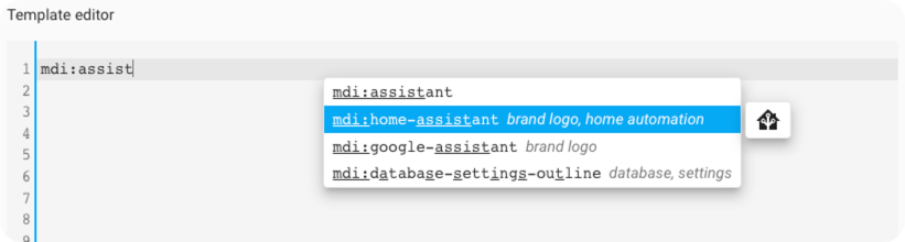 Showing the YAML auto-complete for MDI Icons