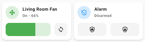 Screenshot of a fan and alarm panel card.