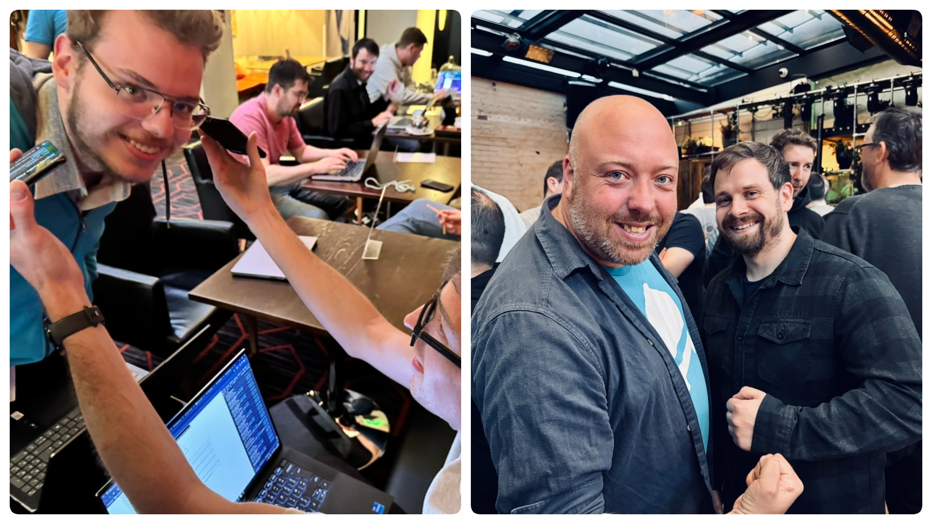 Someone holding two phones to another persons ears, along with Myself and Lewis hanging out