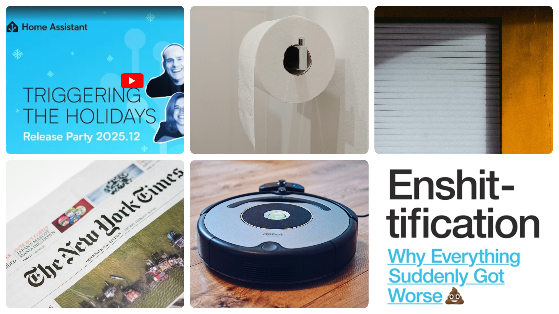 A montage of six images illustrating various news stories.