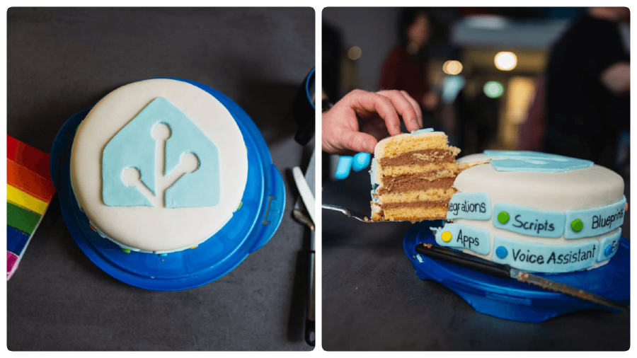 Two images of a Home Assistant themed cake served at a meetup