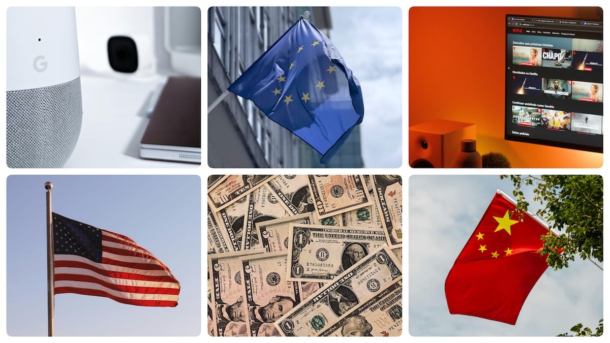 A collage showing flags, a TV, money and Google Home to represent news stories.
