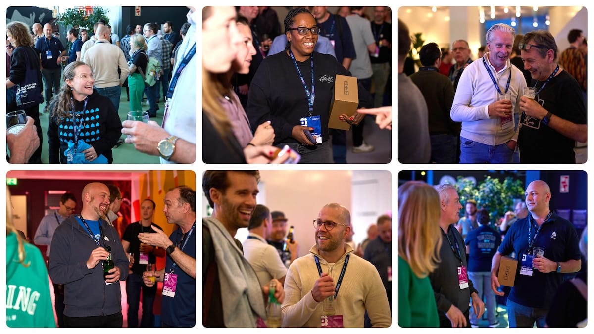 Six images of State of the Open Home attendees chatting and laughing over drinks.