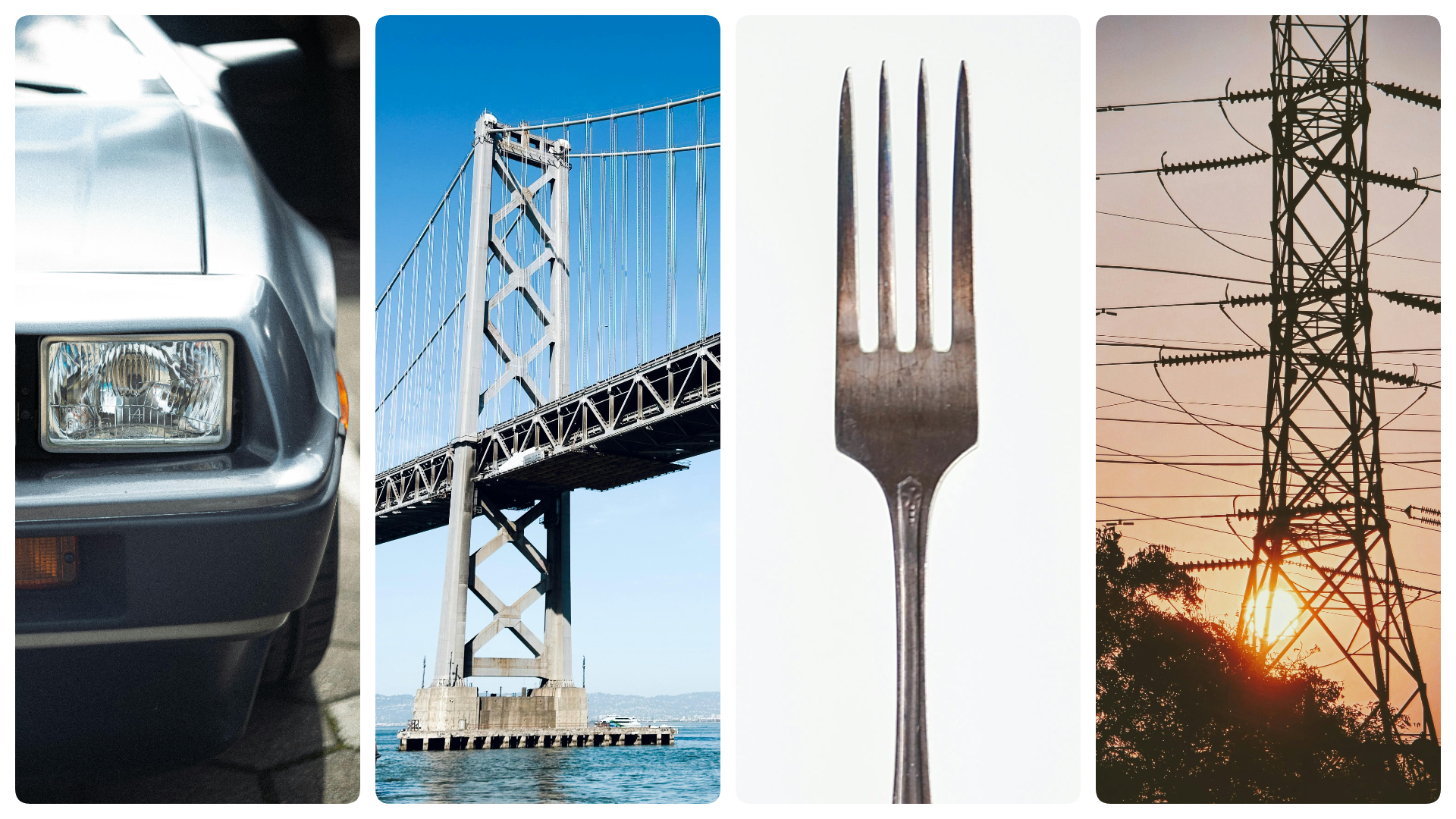 A collage of a car, bridge, fork and power lines to represent news stories below.