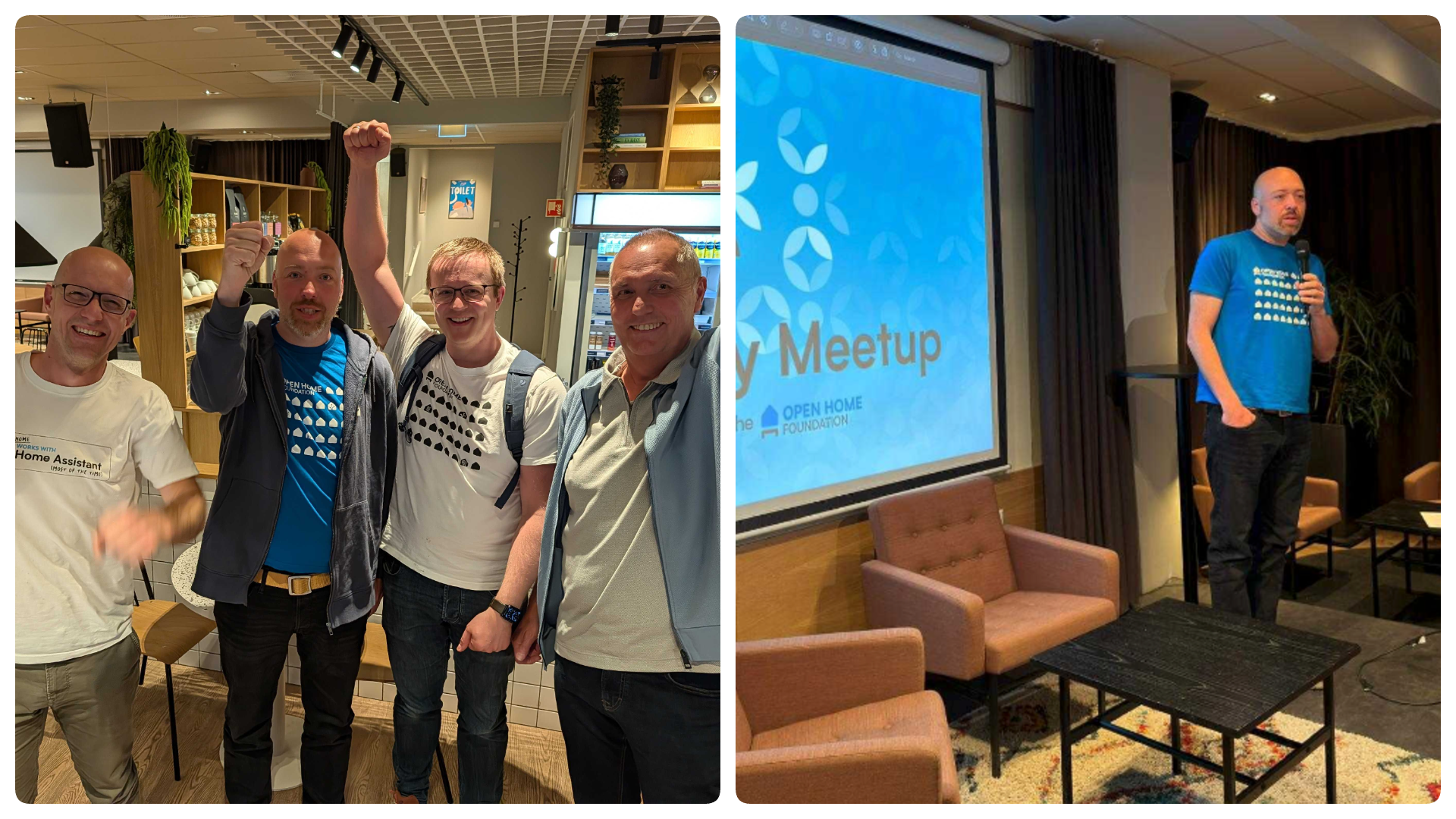 A collage of two images of people at at the Home Assistant community meet-up in Oslo.