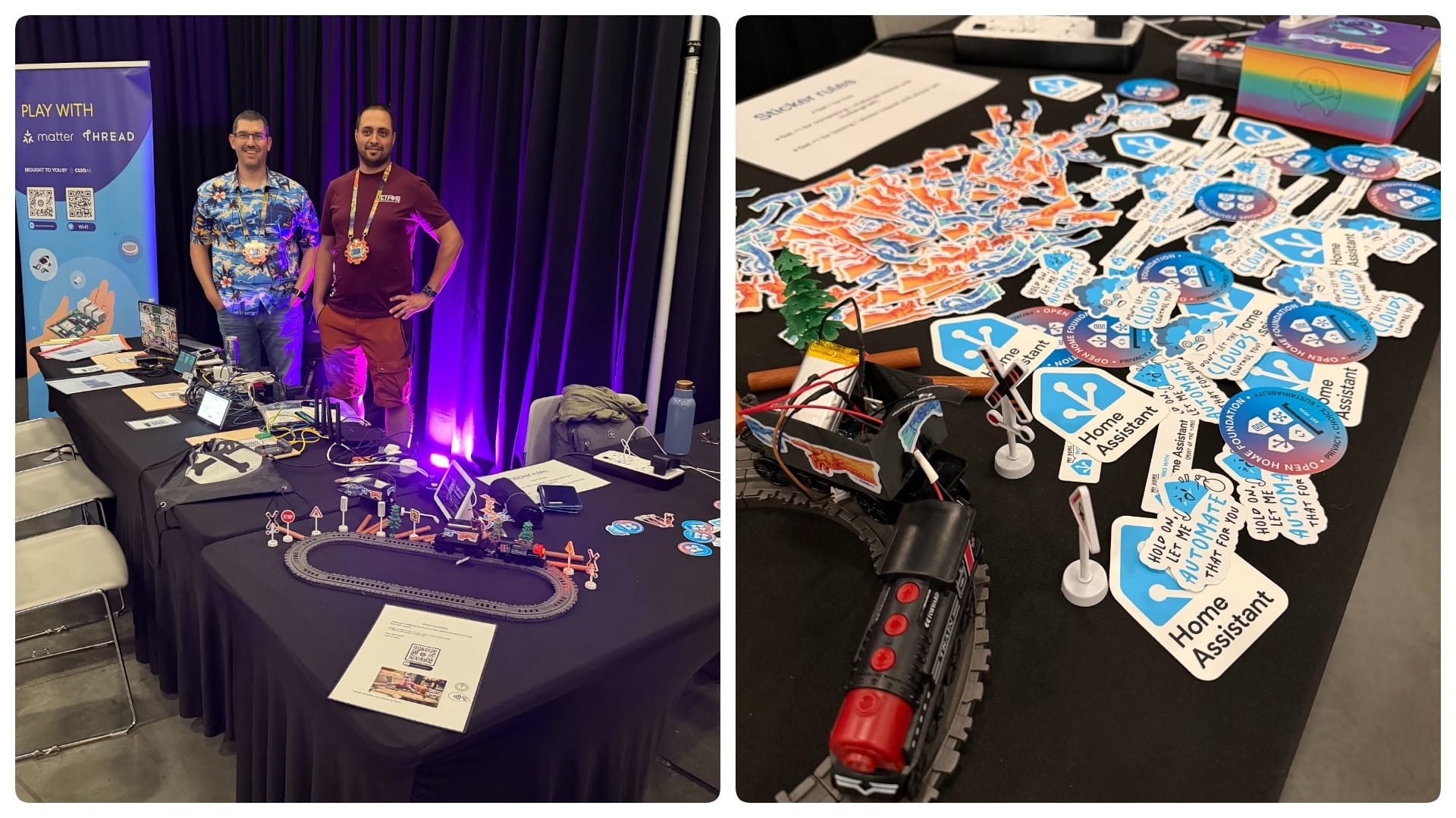 Two pictures showing the CUJO AI stand at DEF CON 34, one with two man stand behind a table and the other of the table top covered in Open Home Foundation stickers in