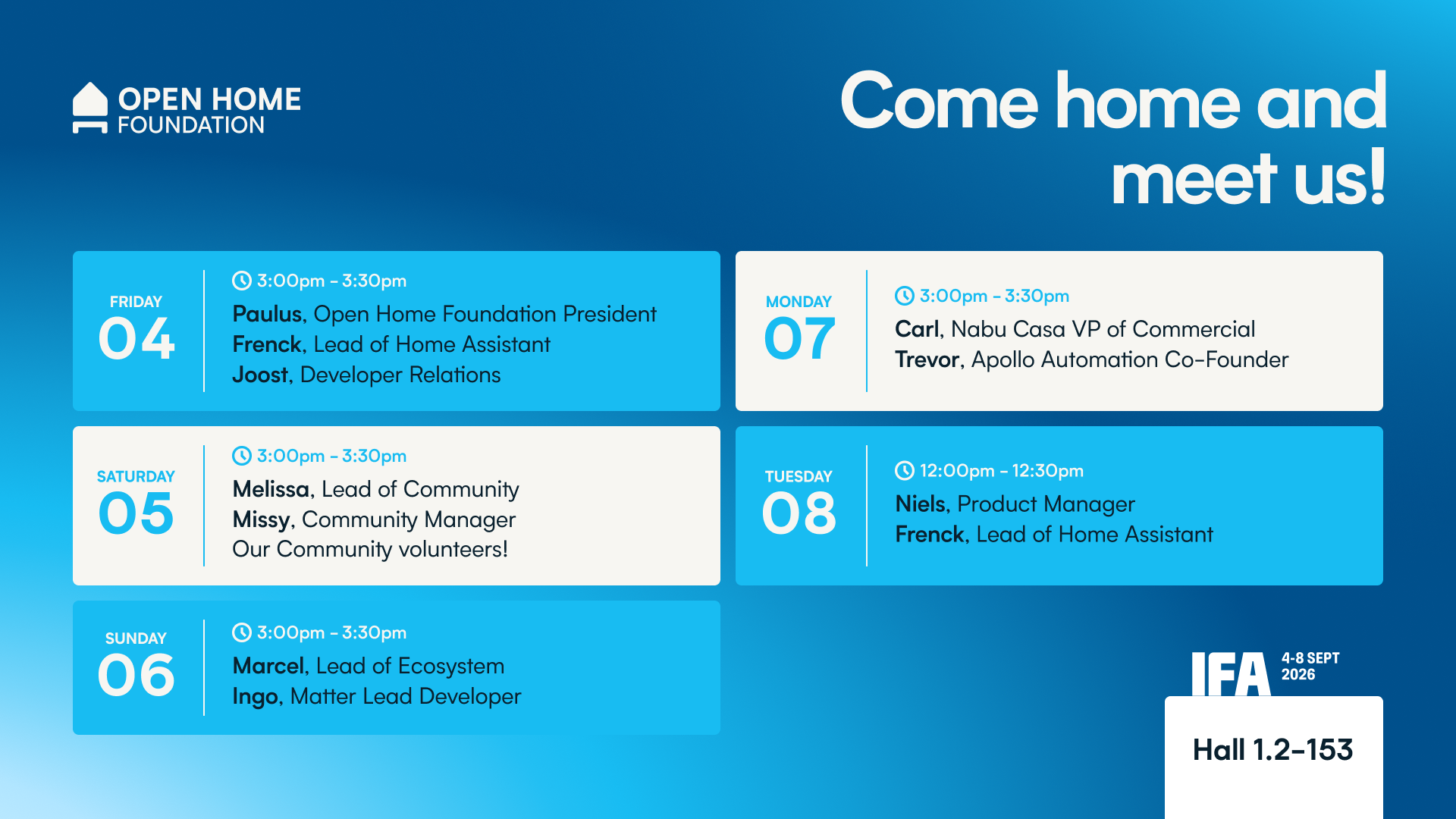 A graphic showing who is going to be at the Open Home Foundation IFA booth at different times during the event