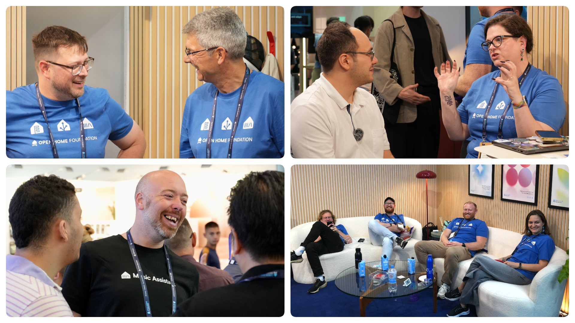 A collage of four pictures showing community members, staff and Paulus chatting and relaxing at the Open Home Foundation booth at IFA Berlin.