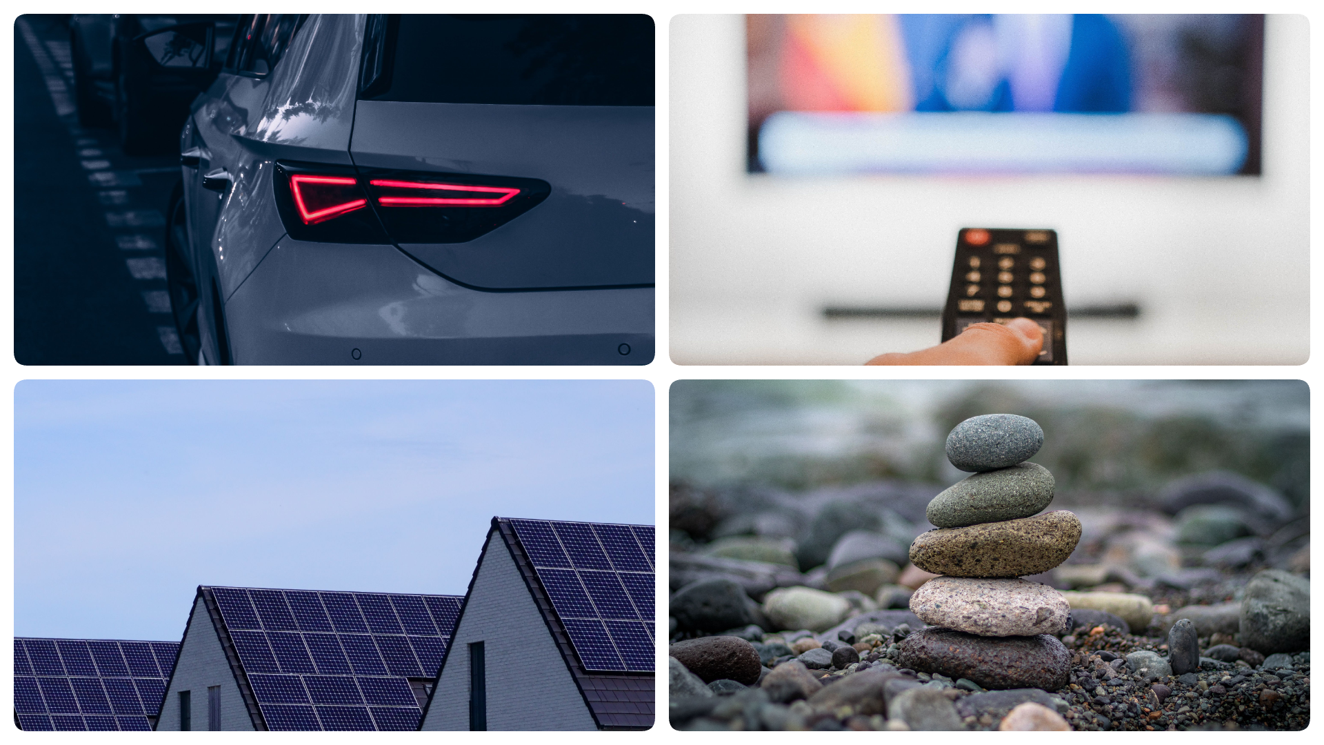 A collage of four photos – a car, a tv and remote, solar roofing and pebbles – to represent news stories.