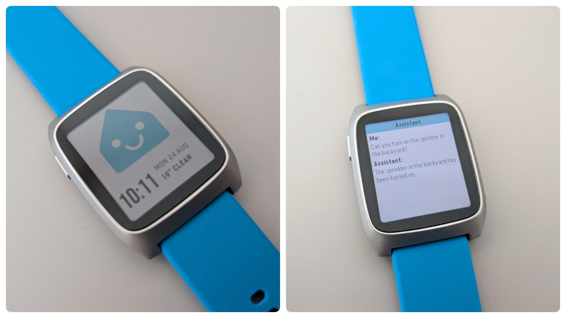 Two pictures showing the front and back of a Pebble watch with blue strap.