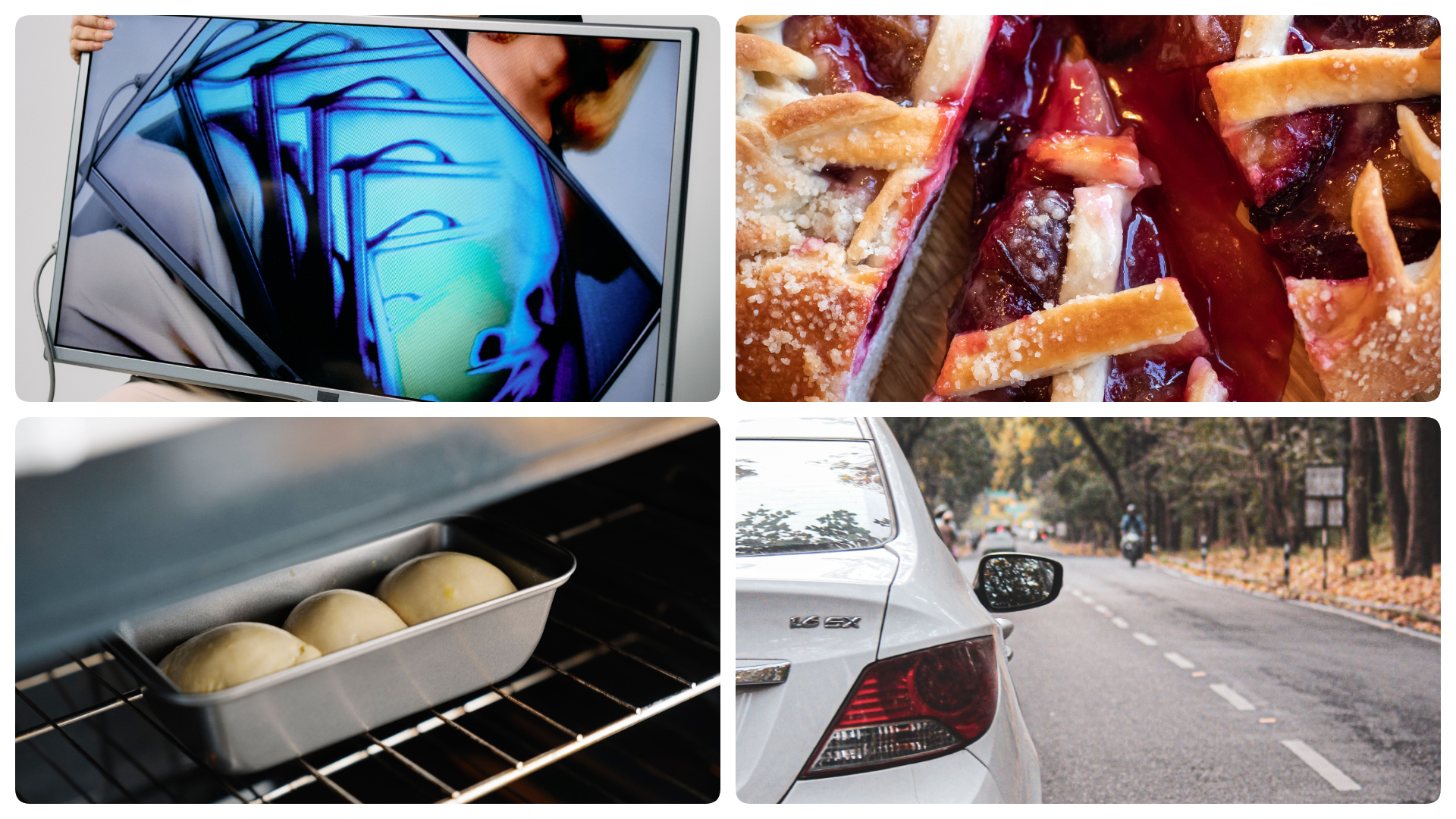 A collage of four images: a TV screen, a fruit pie, some buns being baked in an oven, and a car driving along a road, to represent different news stories.