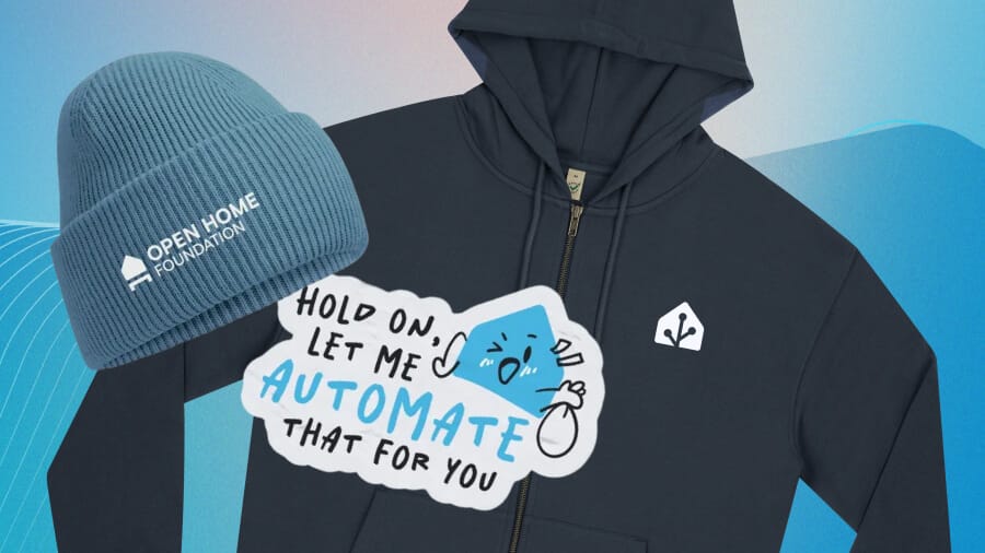 Cutouts of a blue Open Home Foundation beanie, black Home Assistant hoodie, and a sticker, all items from the Open Home Foundation store.