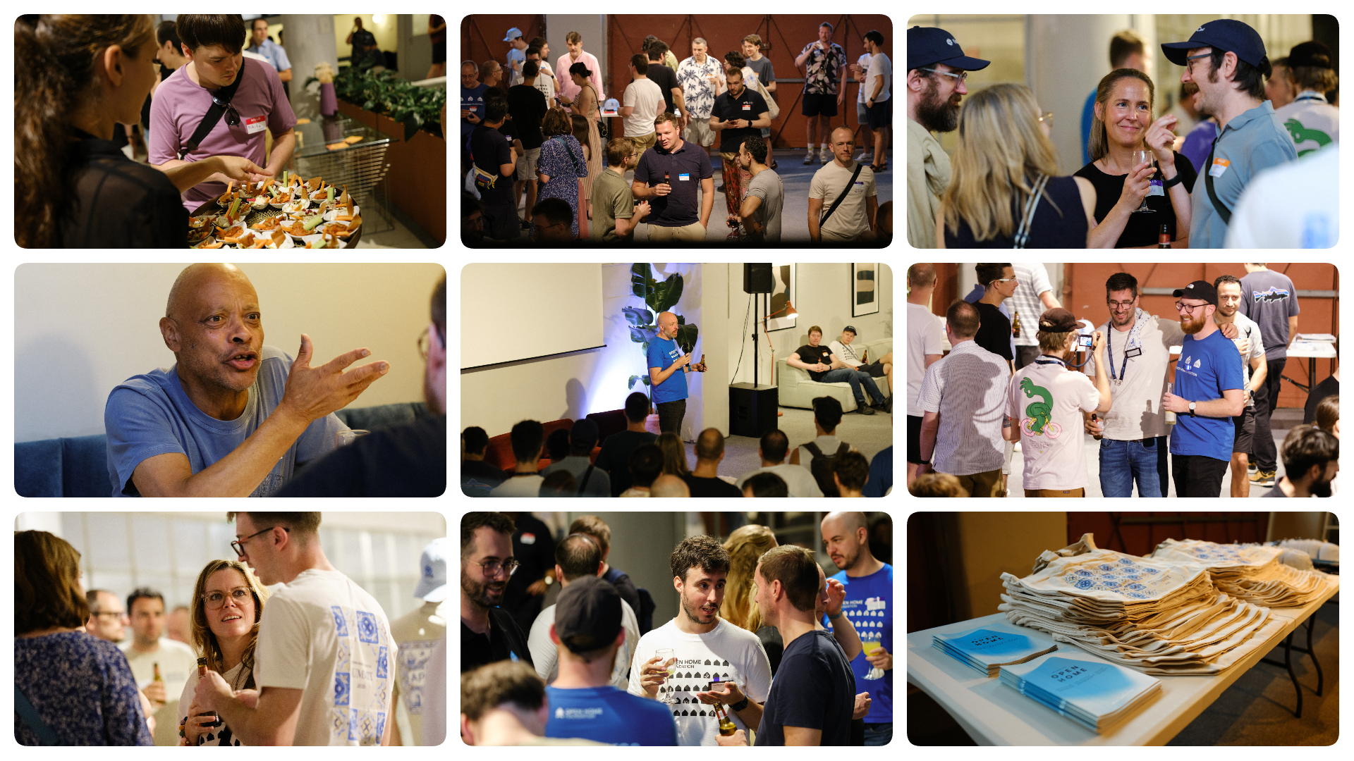 A collage of nine images from the Open Home Foundation meetup in Lisbon, showing community members socializing.
