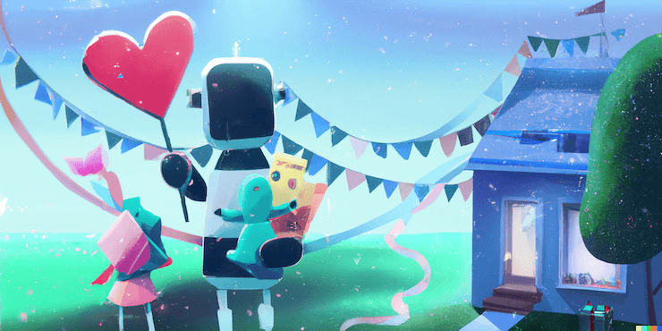 Robot holding a heart and presents standing in front of a decorated blue home.