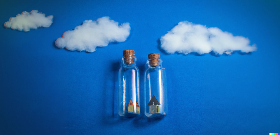 Two glass bottles in the sky with both containing a home.