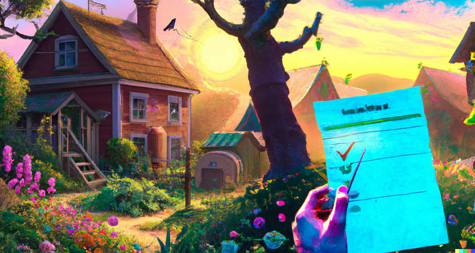 Painting of a home with in the front a hand holding a checklist