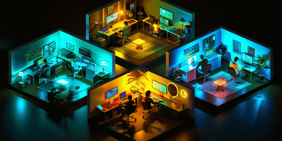 An image of 4 home offices in isometric style. 