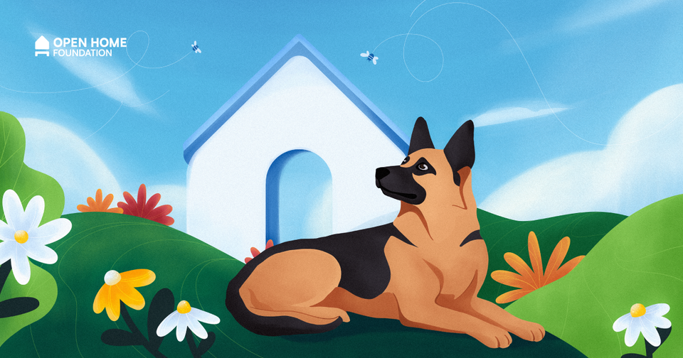 An illustration of a German Shepherd dog lying in a garden, representing our new partner Apollo Automation.