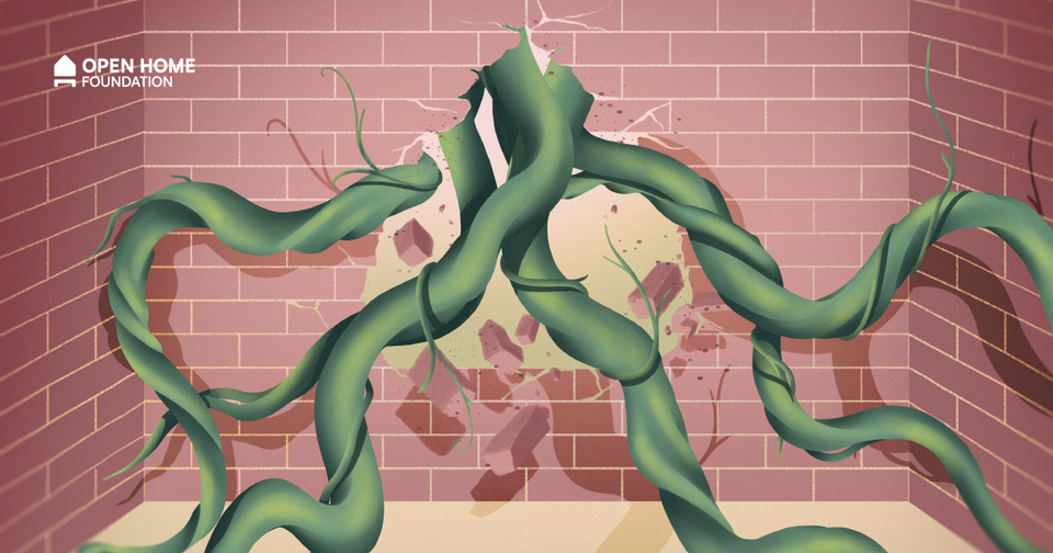An illustration of a plant's vines breaking though a walled symbolising the breaking down of barriers to tech