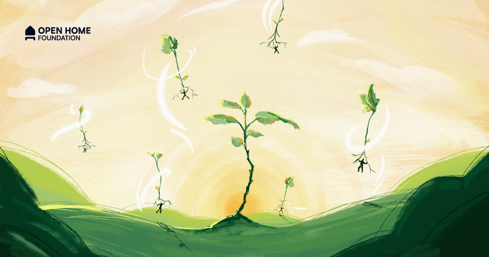 An illustration of little people floating on seedlings in the wind to represent the Open Home Foundation community growing big ideas from small seeds 