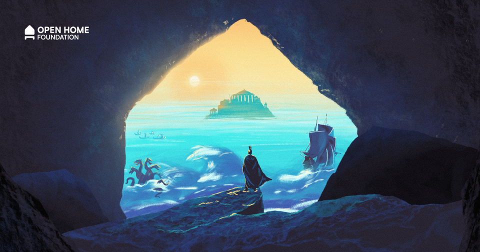 An illustration of a man standing at the edge of a cave staring out across the sea to a faraway land, representing the journey home