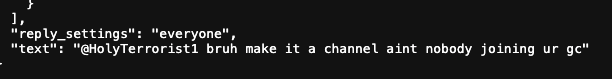Part 1 of the JSON archive of a tweet conversation between users "notdoomerbrown" and "HolyTerrorist1"