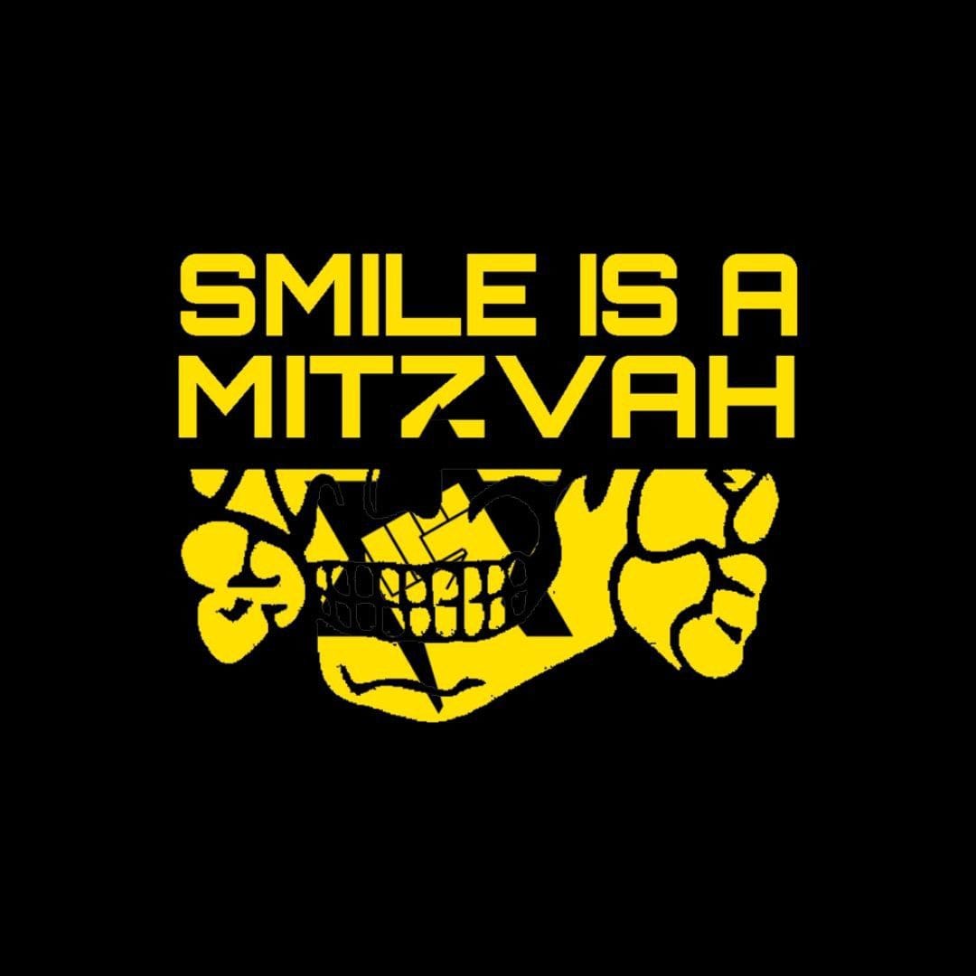 An illustration of the bottom half of the Third SS Panzer Division insignia-a smiling Totenkopf-imposed with the flag of the Jewish Defense League. The Jewish Defense League flag is a yellow fist inside a Star of David.