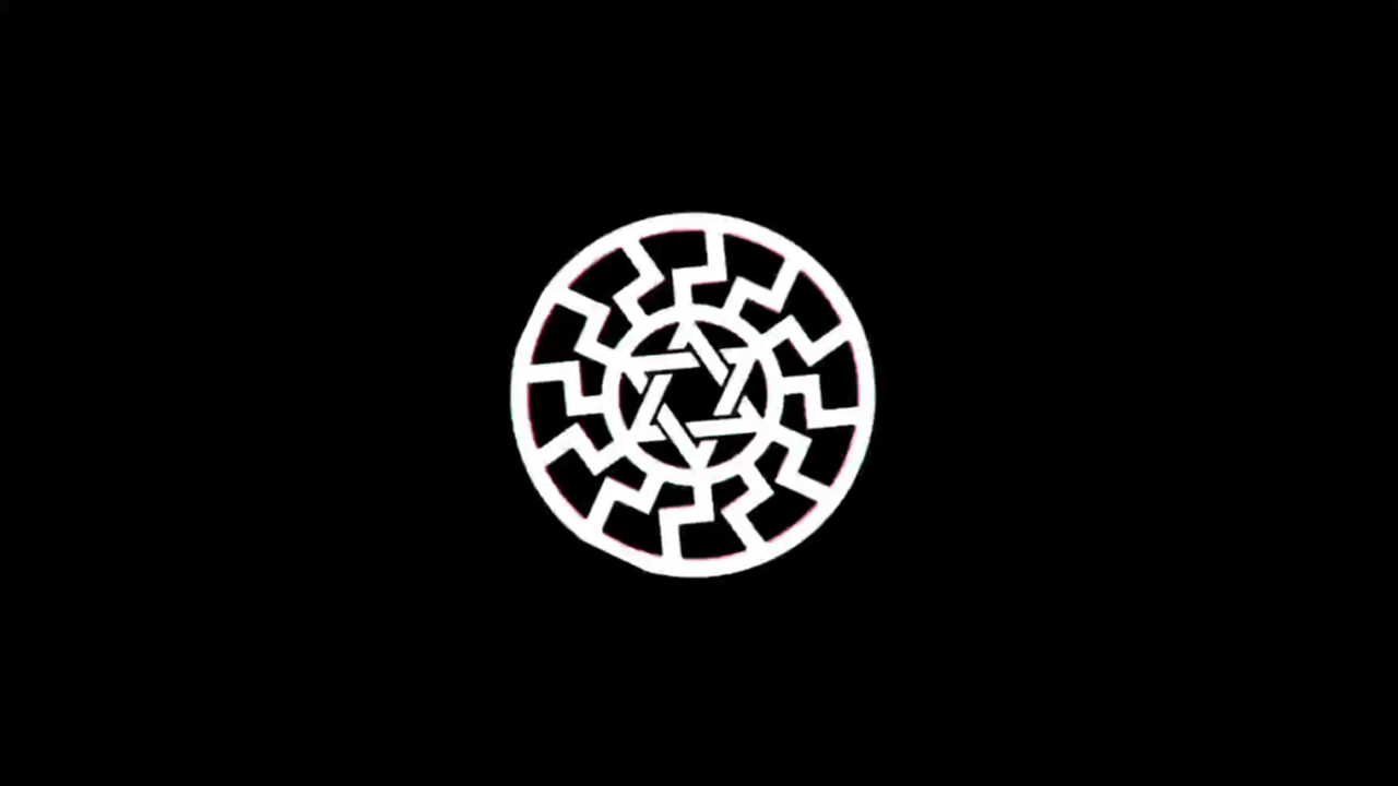 A Star of David inside a Black Sun motif. The Motif is one circle inside another, connected by a symmetrical array of lightning-bolt like runes.