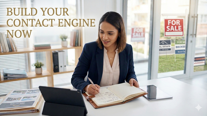 New real estate agent building a contact database on a laptop at a modern desk on Florida's Treasure Coast
