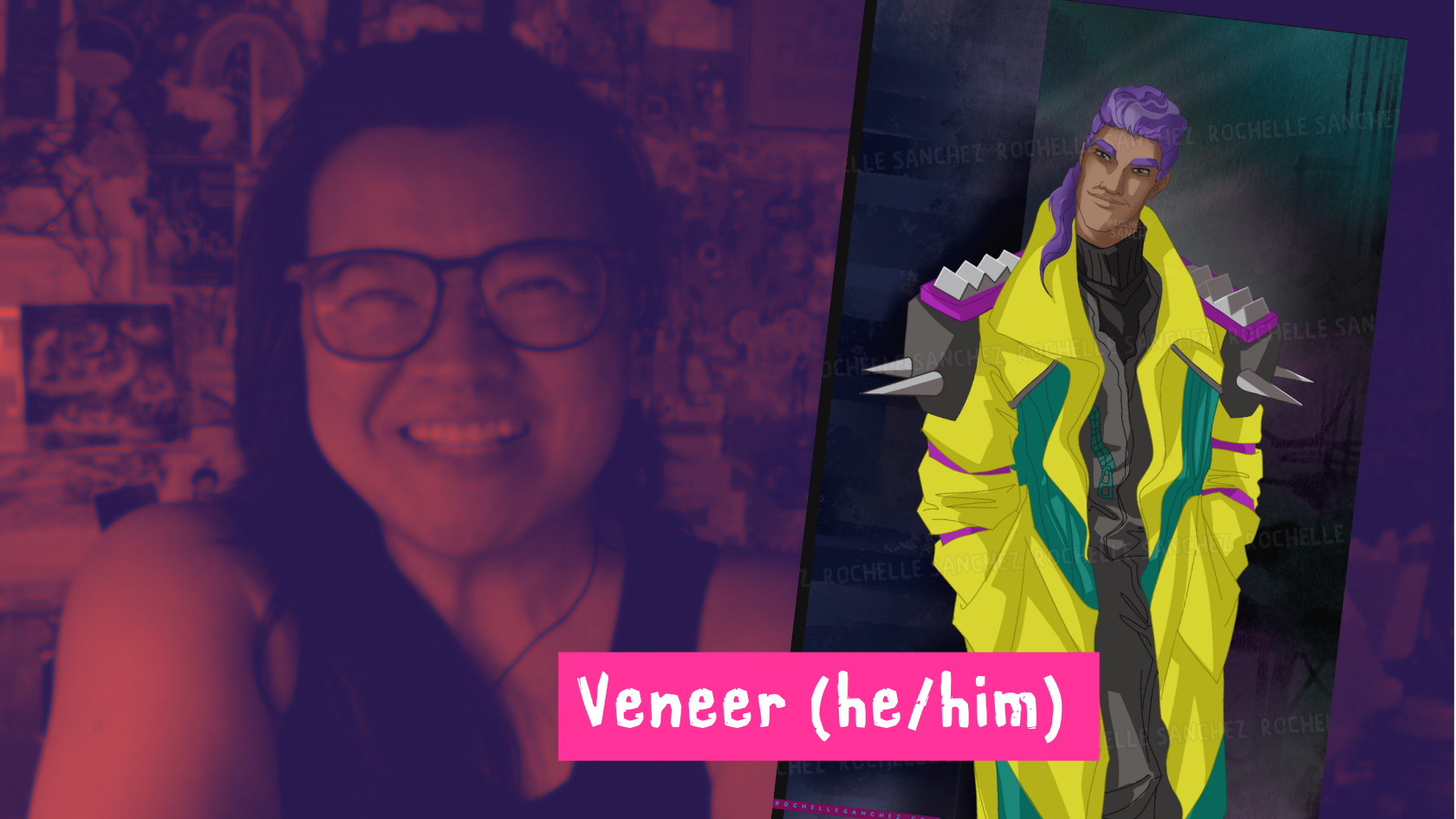 Rochelle is an asian woman with thick rimmed eyeglasses, smiling warmly. There's a drawing of a human male with purple hair and a cyberpunk trench coat with spikes