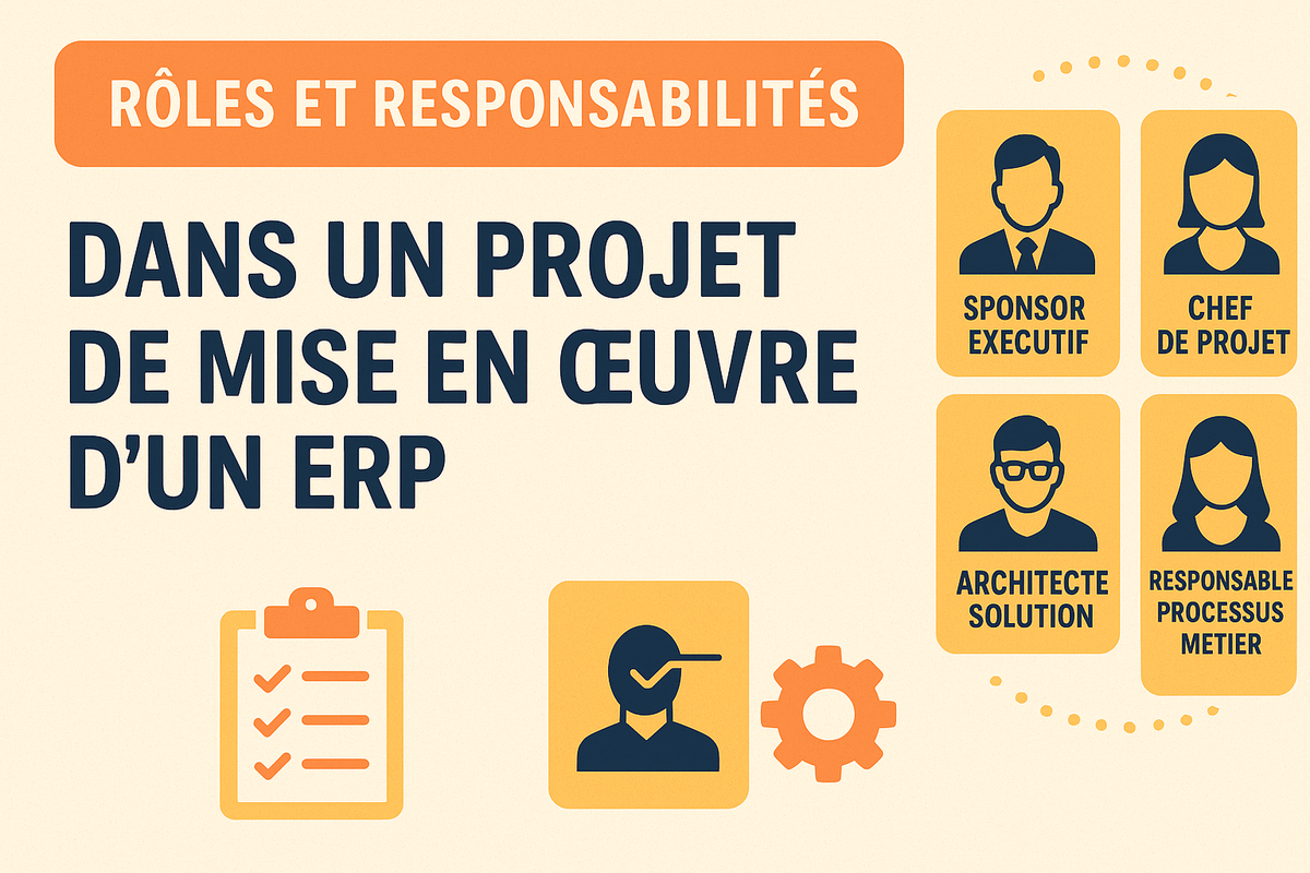 Illustration présentant les rôles clés dans un projet d’implantation ERP avec des icônes de gouvernance, de checklist et de flux de travail.
