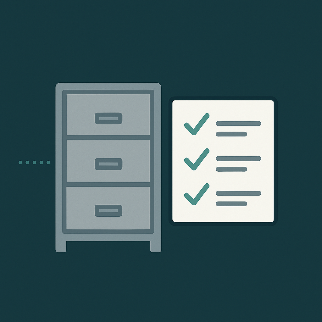 Illustration montrant une armoire de classement à côté d’une checklist, représentant les profils de validation des immobilisations et les mappings comptables dans D365 Finance.