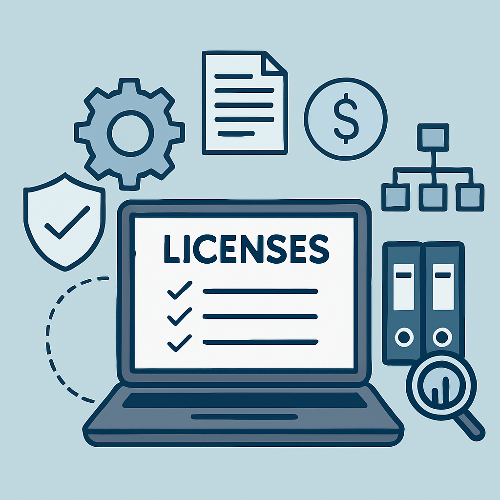 Laptop with licenses checklist and compliance icons.