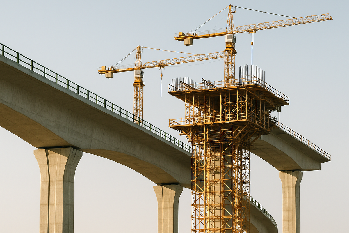 Pont en construction avec grues et échafaudages, symbolisant la gouvernance et les étapes d’un projet ERP à grande échelle.