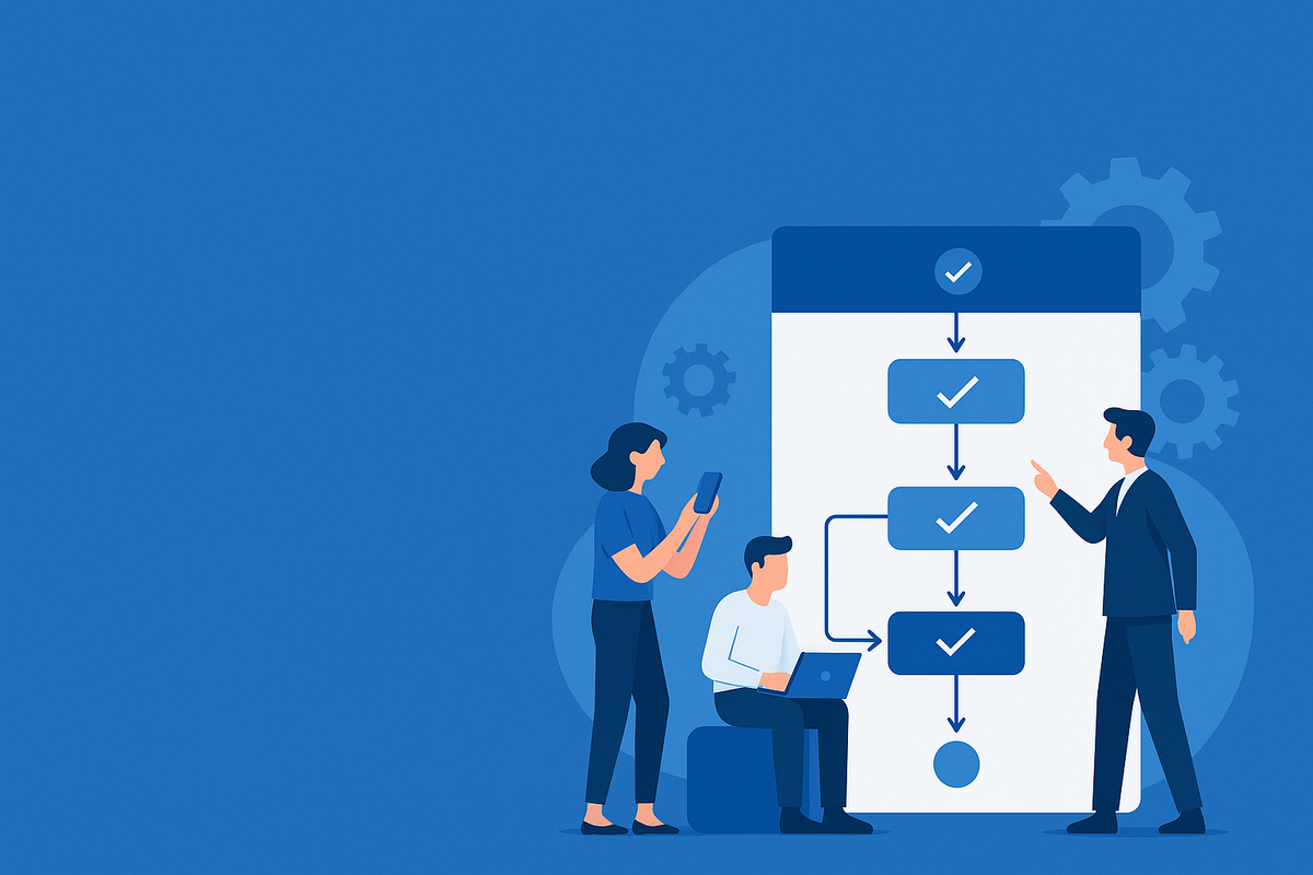 A flat-style illustration showing three professionals interacting with a digital workflow diagram.
