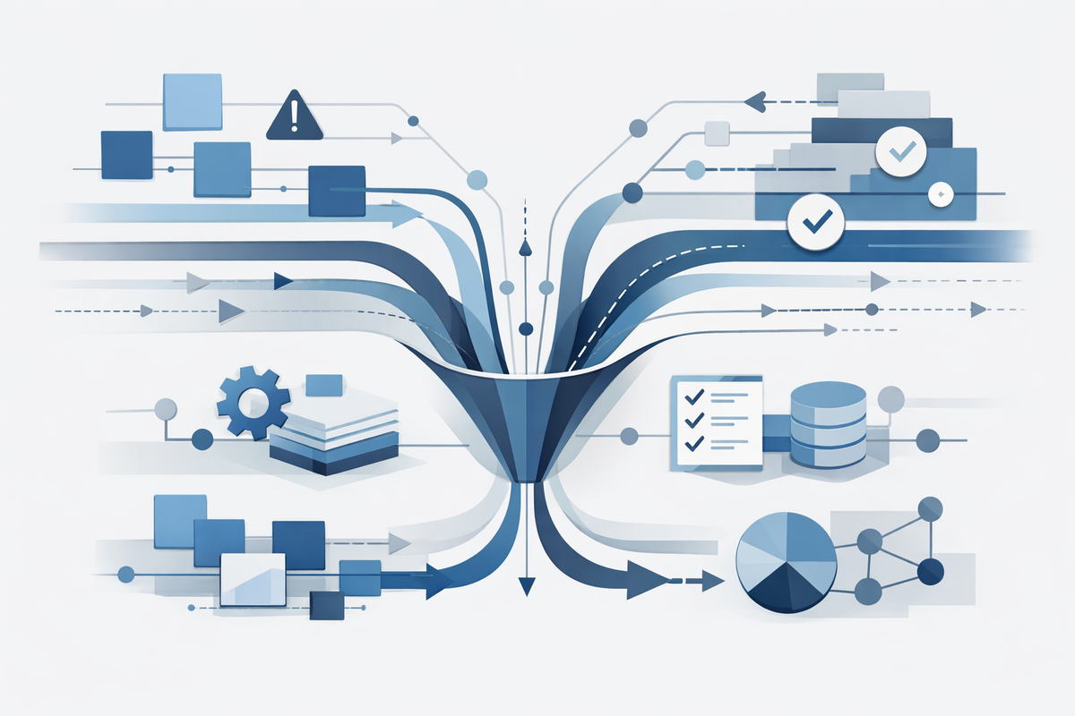 A minimalist abstract illustration of an ERP project decision bottleneck