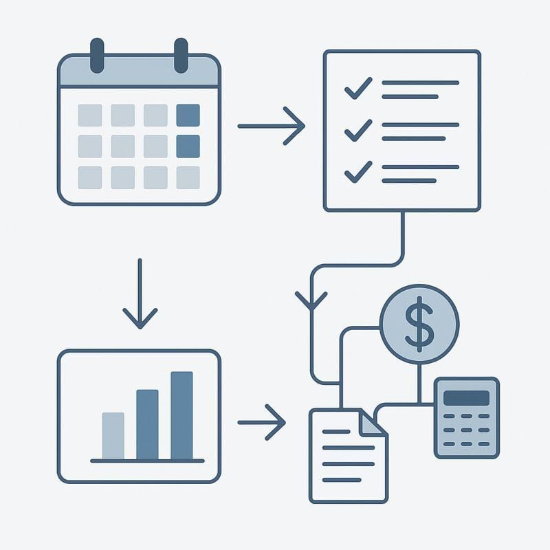 A minimalist flat-lay illustration of a financial month-end process with calendar blocks, checklists, arrows, and finance icons in blue-grey tones.