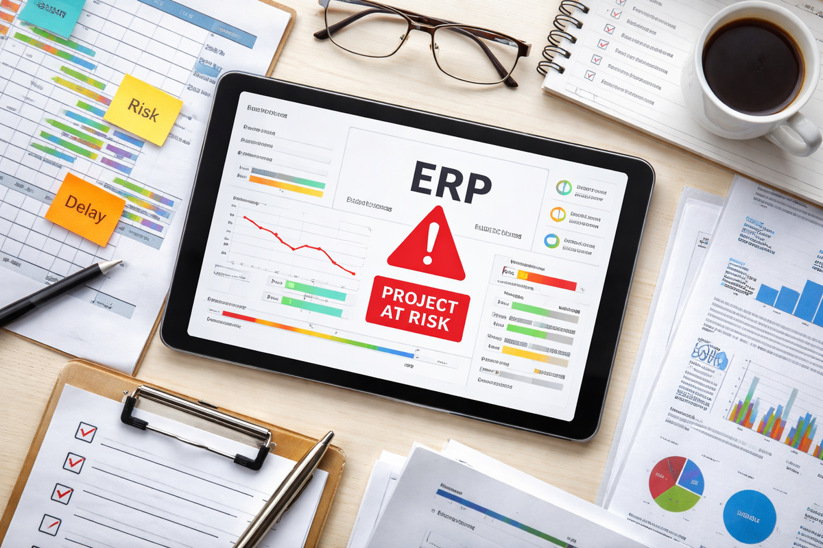 A subtle representation of an ERP project appearing under control while hidden delivery risks accumulate beneath the surface.
