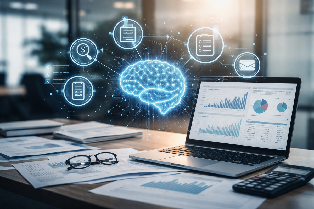 Bureau moderne avec ordinateur affichant des tableaux financiers et un cerveau numérique lumineux, symbolisant l’analyse assistée par l’IA et l’aide à la décision dans un ERP financier.
