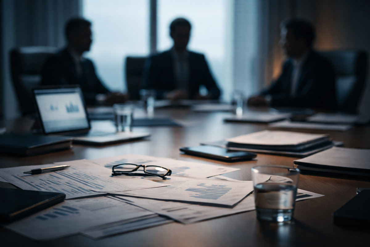 Dimly lit executive meeting room with blurred leaders in discussion and financial documents on a conference table, symbolizing high-stakes ERP steering committee decision-making.