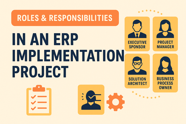 Illustration showing key roles in an ERP implementation project with icons representing governance, checklists, and workflow.