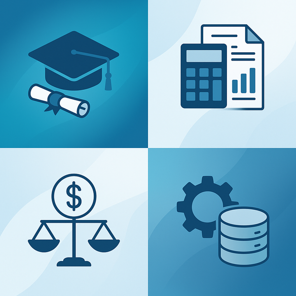 Icônes représentant des certifications, la finance, l’analyse et la configuration ERP.
