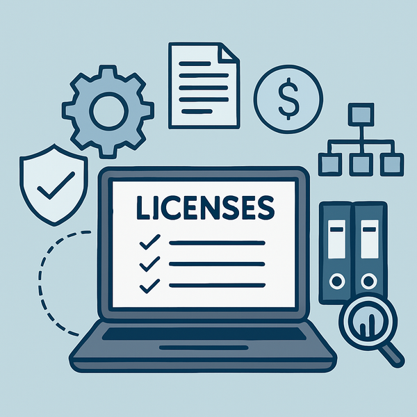 Ordinateur avec checklist de licences et icônes de conformité.