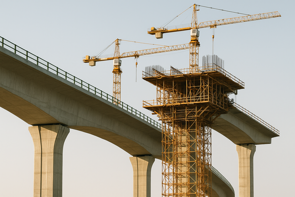 Pont en construction avec grues et échafaudages, symbolisant la gouvernance et les étapes d’un projet ERP à grande échelle.