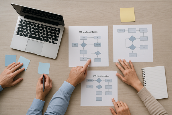 A clean, modern flat-lay image of a project team planning an ERP implementation: laptop, printed process diagrams, sticky notes, hands pointing at a workflow