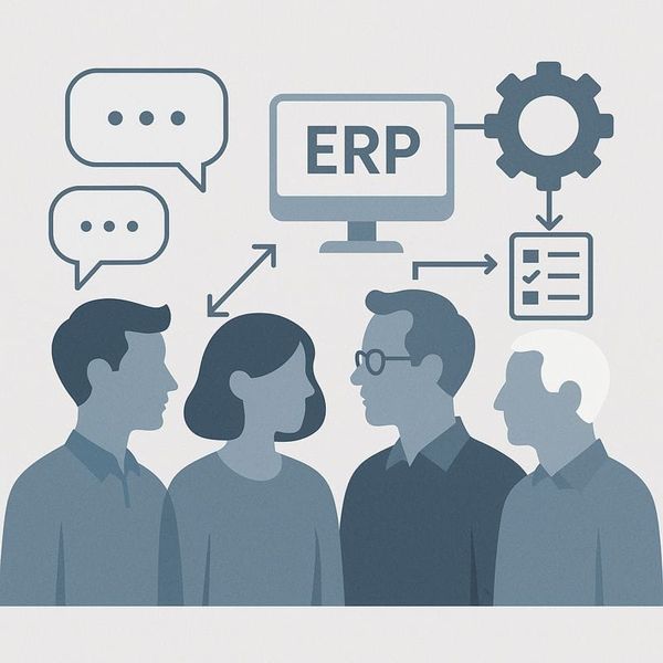 Illustration moderne en flat design représentant une collaboration multigénérationnelle dans un projet ERP