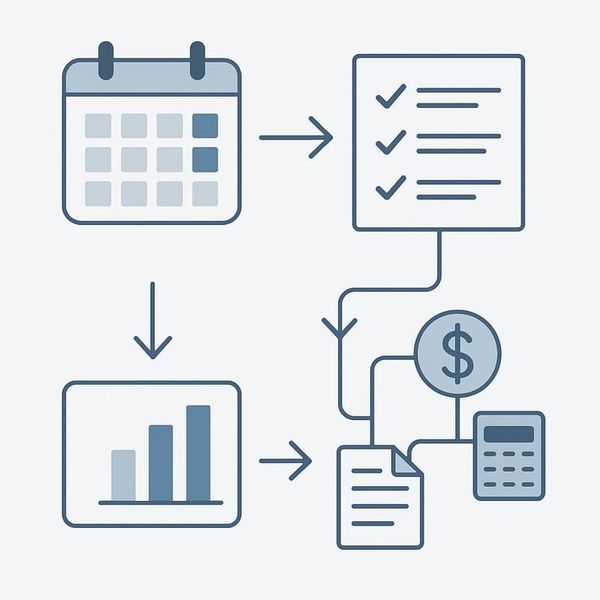 A minimalist flat-lay illustration of a financial month-end process with calendar blocks, checklists, arrows, and finance icons in blue-grey tones.