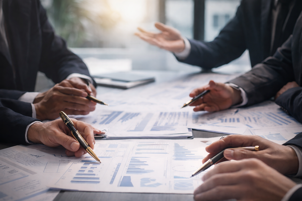Gros plan de dirigeants analysant des rapports financiers et des graphiques lors d’un comité de pilotage ERP.